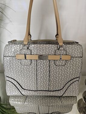 GUESS White Logo Tote with Tan Handles and Black Trim